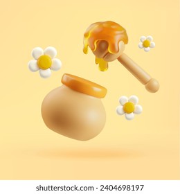 Round jar of honey and daisies 3D style, vector illustration isolated on yellow background. Decorative design elements, natural organic product, healthy food