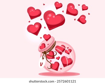 Round jar with pink hearts flying out on a pink background. Give and share your love. declarations of love. Love. Pink color. Vector illustration in flat cartoon style.