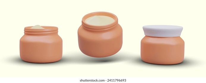 Round jar with wide mouth. Container with cream, scrub. Set of open and closed vector jars for cosmetic and medicinal products. Realistic templates without markings