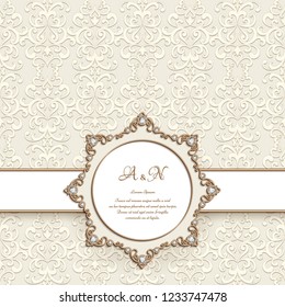 Round jewellery frame on ornamental beige background, vintage gold jewelry decoration for wedding invitation or save the date card design with place for text, vector illustration
