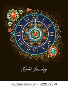 Round jewelry clock, decorated with beads and semiprecious gems in ethnic style.