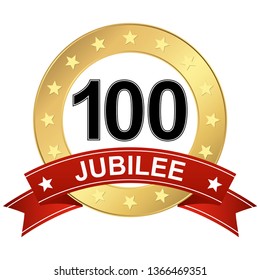 round jubilee button with red banner for marketing use for 100 years