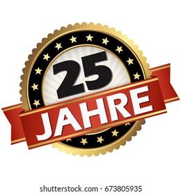 round jubilee button with red banner and german text 25 years