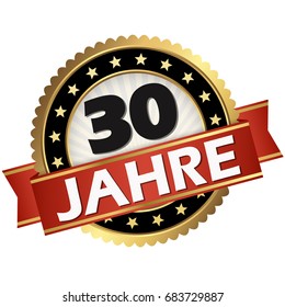 round jubilee button with red banner and german text 30 years svg
