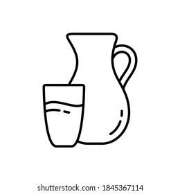 Round jug and glass with drink. Linear icon of milk, cream, juice, water. Black simple illustration of farm dairy products. Contour isolated vector pictogram on white background