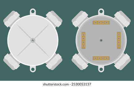 Caja de conexiones redonda con barras colectoras. Caja eléctrica con prensaestopas o empuñaduras de cable. Ilustración vectorial en estilo plano