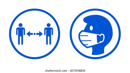 Round Keep Your Distance and Wear a Face Mask Instruction Icon Set.  Spread of Coronavirus, Covid-19 concept. Vector Image.