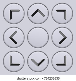 Round keypad buttons with black arrows. Vector 3d illustration
