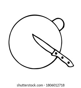 Round kitchen board, knife. Cutting products. For print, logos, label, food preparation. Simple vector drawing in black outline.