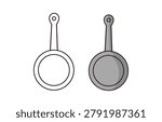 A round kitchen frying pan skillet shown from a top-down angle. Includes a crisp black and white outline worksheet next to a dark grey metallic colored sample guide.