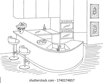 Gráfica de cocina redondeada blanco negro de la pantalla interior de la casa de la ilustración vector
