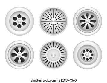 Round kitchen sinks. Drain sink holes, chrome kitchens basin and bathrooms strainers, stainless steel drains, water flow metallic draining sewers isolated on white background