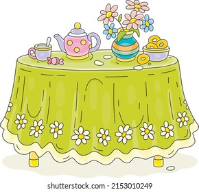 Round kitchen table with a beautiful green tablecloth, a vase with summer flowers and a tea set with tasty bagels in a kitchen at a dacha, vector cartoon illustrations isolated on a white background