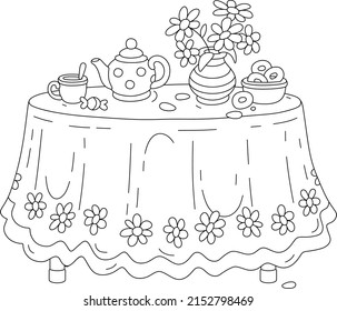 Round kitchen table with a beautiful tablecloth, a vase with summer flowers and a tea set with tasty bagels in a kitchen at a dacha, black and white outline vector illustration for a coloring book pag