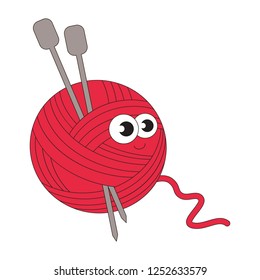 Round knit yarn funny smiley cartoon. Outlined illustration with thin line black stroke