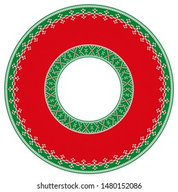 Round Knitted frame for greeting cards and advertising for Christmas and New Year. Isolated on white background.