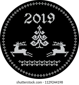 Round knitted greeting card with reindeers for 2019 new year, christmas.