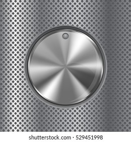 Round knob switch. Metal button on perforated background. Vector illustration