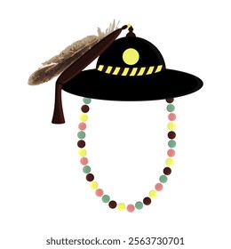 A round Korean hat with a long bead chain and a feather