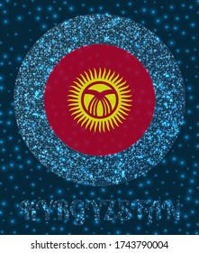 Round Kyrgyzstan badge. Flag of Kyrgyzstan in glowing network mesh style. Country network logo. Authentic vector illustration.