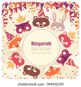 Round label with animal masks, triangular flags, paper streamers and confetti. Retro vector illustration. Design for invitation, poster, card. Place for your text. Costume party layout