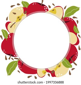Etiqueta redonda con manzanas, hojas de manzana y rodajas en un fondo blanco. Fondo para inscripciones, etiquetas de precio, etiquetas.