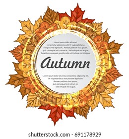 Round label with autumn maple, oak and birch leaves. Autumn frame.