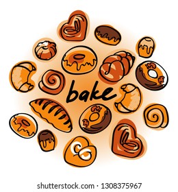 Round label with bakery. Colorful vector illustration for bakery