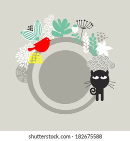 Round label with black cat and red bird. Vector banner.