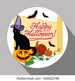 Round label with black cat in witch hat, pumpkin and hand drawn text "Happy Halloween!" Original design element for greeting cards, invitations, prints. Vector clip art.