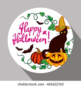 Round label with black cat in witch hat, pumpkin and hand drawn text "Happy Halloween!" Original design element for greeting cards, invitations, prints. Vector clip art.