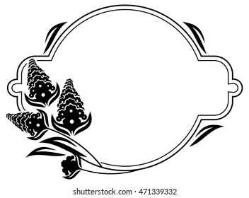 Round label with black and white decorative flowers silhouettes. Copy space. Vector clip art.