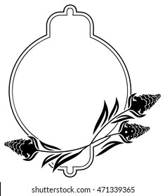 Round label with black and white decorative flowers silhouettes. Copy space. Vector clip art.