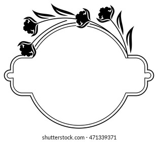 Round label with black and white decorative flowers silhouettes. Copy space. Vector clip art.