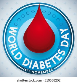 Round label with blood drop design to take care of your health in World Diabetes Day.