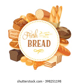 Round label with bread assortment: rye, ciabatta, wheat, whole grain, bagel, sliced, french baguette, croissant and so. Design template/frame/banner. Vector illustration, isolated on white, eps 10.