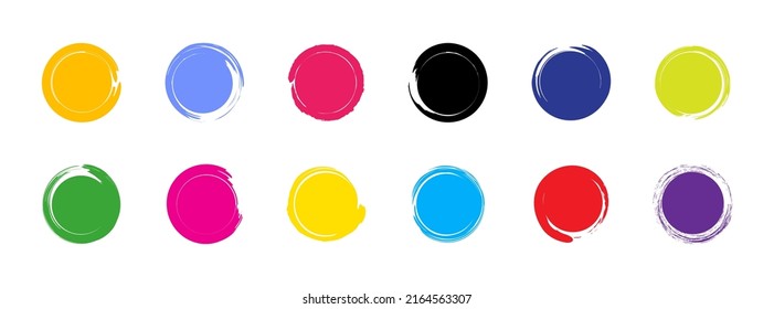 Round label brush. Vintage grunge layouts. Circle color shapes for brushes, paint, stamp and splash. Graphic design textures. Vector.
