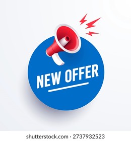 Round Label Or Button With 3D Megaphone Icon And Text New Offer