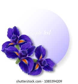 Round label or card with realistic iris flowers