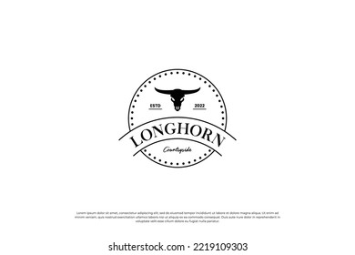 Round label cattle ranch logo design vintage style. longhorn logo badge illustration.