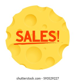 Round Label of Cheese with Holes. Vector Illustration for Sales.