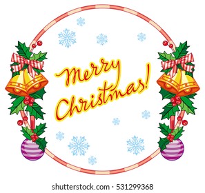 Round label with Christmas bells and artistic written text: "Merry Christmas!". Christmas holiday background. Vector clip art.
