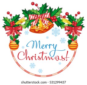 Round label with Christmas bells and artistic written text: "Merry Christmas!". Christmas holiday background. Vector clip art.