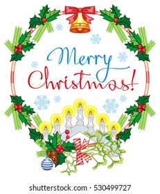 Round label with Christmas bells, light candle arch and artistic written text: "Merry Christmas!". Christmas background. Vector clip art.