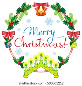 Round label with Christmas bells, light candle arch and artistic written text: "Merry Christmas!". Christmas background. Vector clip art.