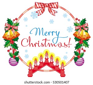 Round label with Christmas bells, light candle arch and artistic written text: "Merry Christmas!". Christmas background. Vector clip art.