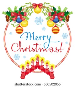 Round label with Christmas bells, light candle arch and artistic written text: "Merry Christmas!". Christmas background. Vector clip art.