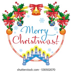 Round label with Christmas bells, light candle arch and artistic written text: "Merry Christmas!". Christmas background. Vector clip art.