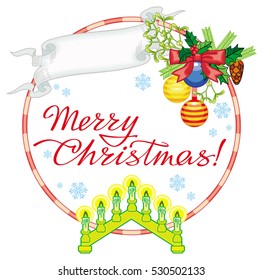 Round label with Christmas bells, light candle arch and artistic written text: "Merry Christmas!". Christmas background. Vector clip art.