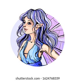 Round label with cule blue fairy portrait, full color sketch, hand drawn vector illustration